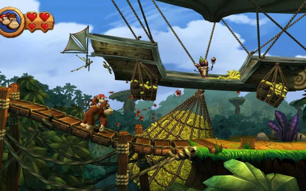 HD wallpaper of a scene from Donkey Kong Country Returns, featuring characters on a jungle platform with a makeshift airship above.