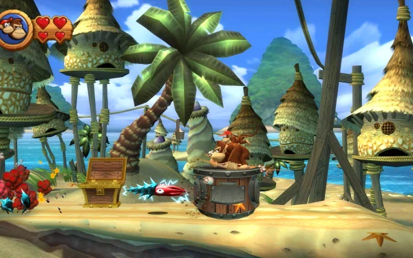 HD wallpaper of Donkey Kong Country Returns featuring Donkey Kong on a tropical beach with huts and palm trees.