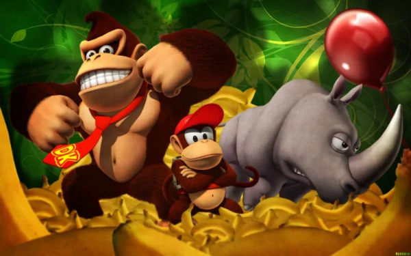 HD wallpaper featuring Donkey Kong and Diddy Kong from Donkey Kong Country Returns with a rhino and a red balloon.
