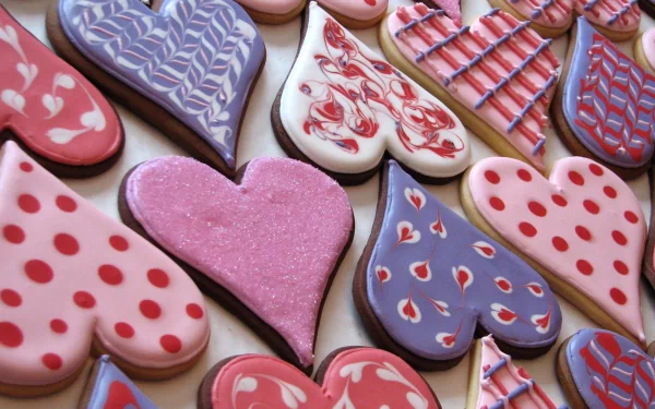HD PC desktop wallpaper featuring an array of heart-shaped cookies decorated with pink, red, and purple icing in various patterns.