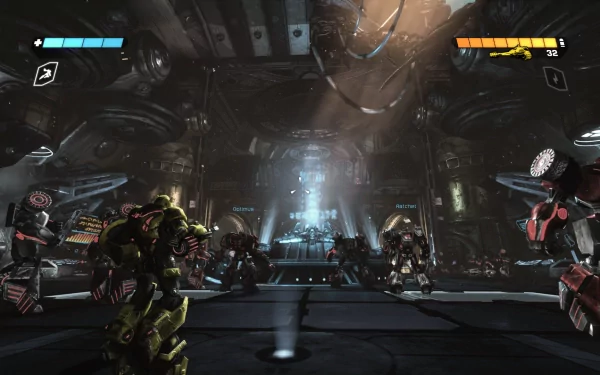 HD Transformers: War for Cybertron desktop wallpaper featuring dynamic robots in an industrial sci-fi setting.