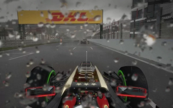 HD desktop wallpaper featuring a 2012 F1 car racing on a rainy track with competitors ahead and raindrops on the camera.