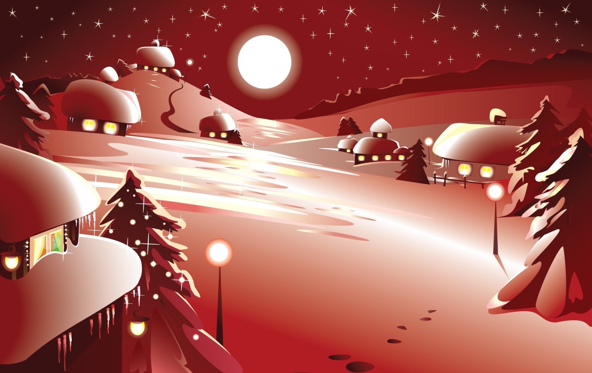 HD PC desktop wallpaper of a snowy Christmas village under a full moon, glowing warmly with holiday lights and festive red tones.