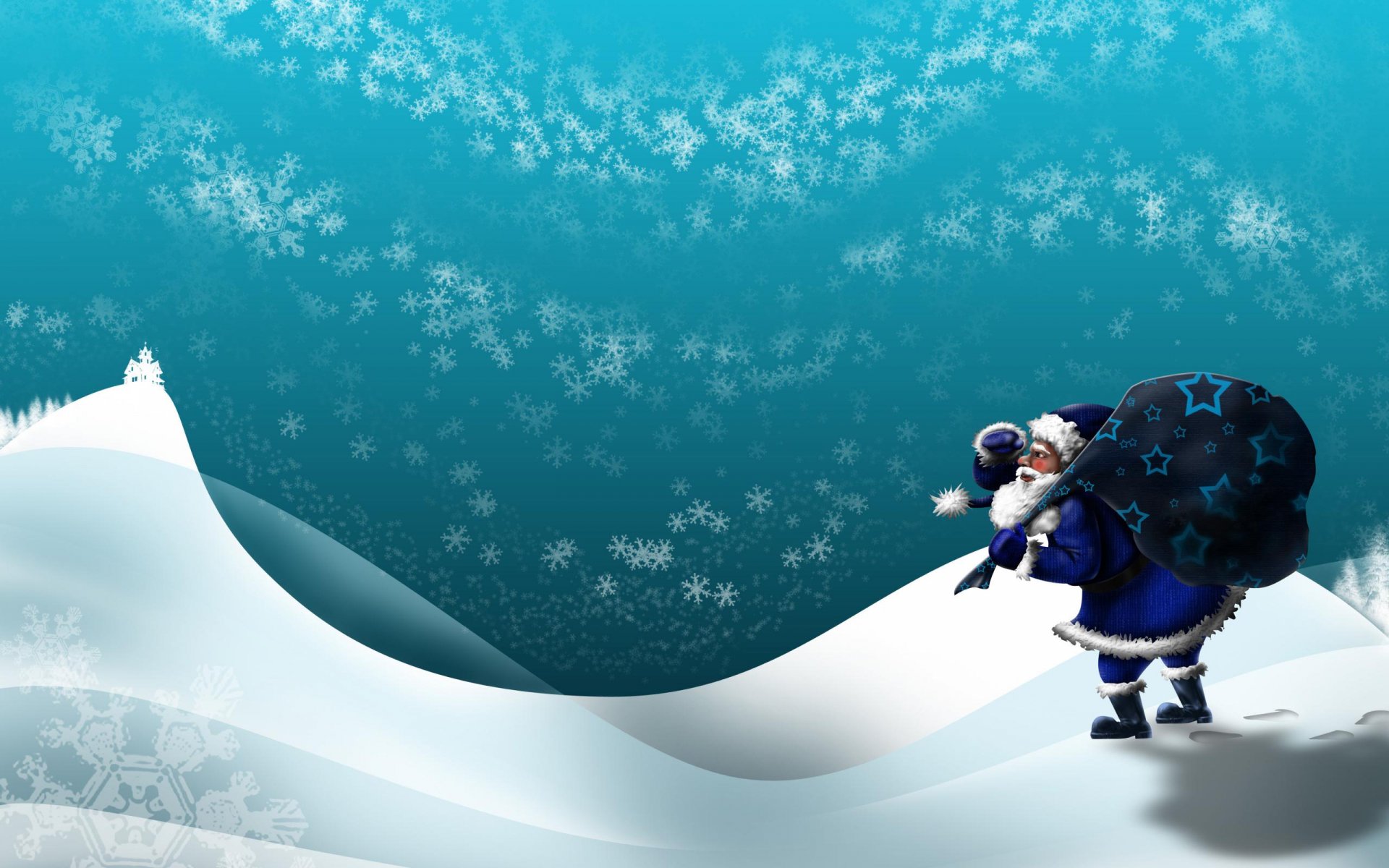 HD PC desktop wallpaper featuring Santa in a blue outfit carrying a sack, walking across snowy hills under a sky filled with snowflakes, capturing a festive Christmas holiday scene.