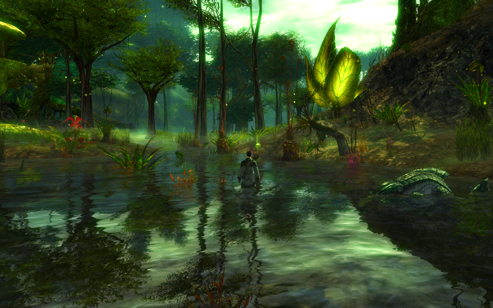 HD desktop wallpaper of a serene scene from Guild Wars 2 featuring a character wading through a forest waterway with glowing plants and mist.