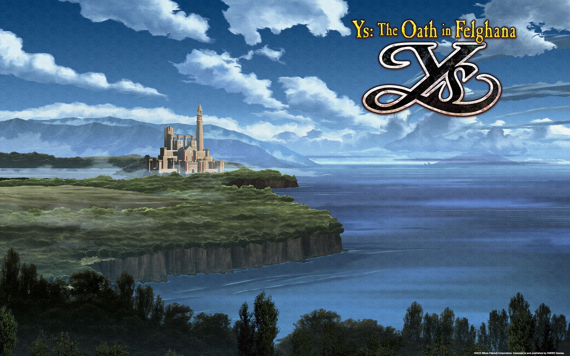 HD wallpaper featuring Ys: The Oath in Felghana logo over a scenic landscape with a castle by the sea.