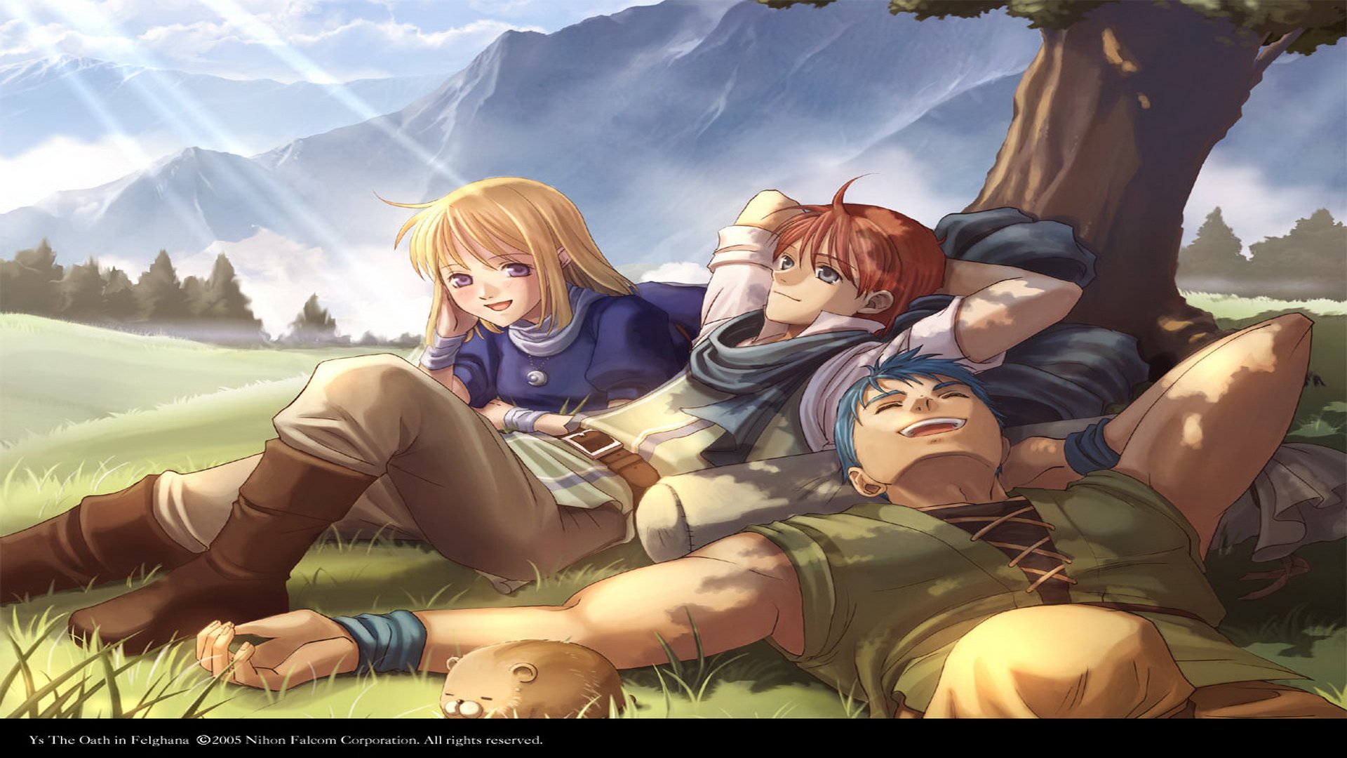 HD desktop wallpaper featuring characters from Ys: The Oath in Felghana relaxing under a tree with mountains in the background.