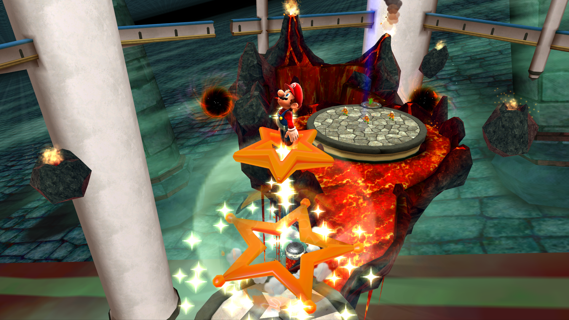 HD desktop wallpaper from Super Mario Galaxy 2 featuring Mario on a fiery star in an intergalactic setting.