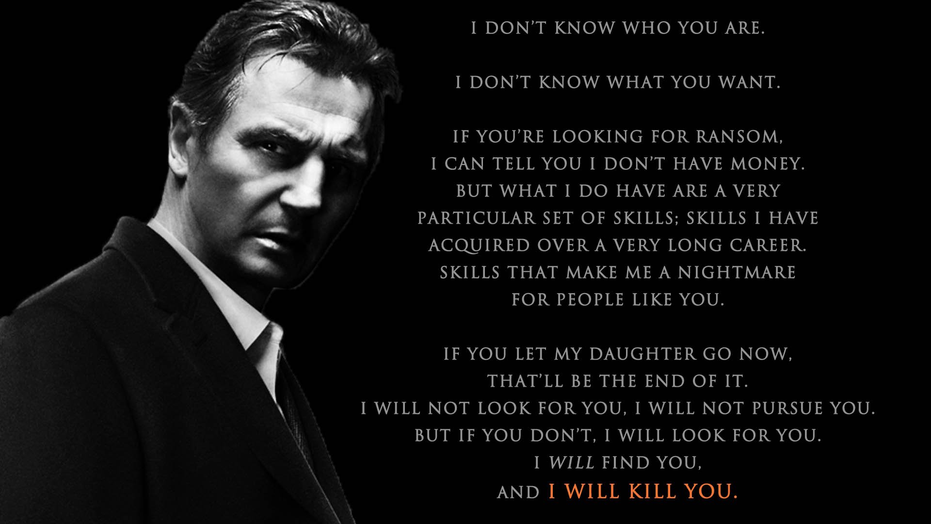 HD PC desktop wallpaper: dramatic black-and-white movie portrait of a stern male actor beside bold monologue text about ransom and vengeance.