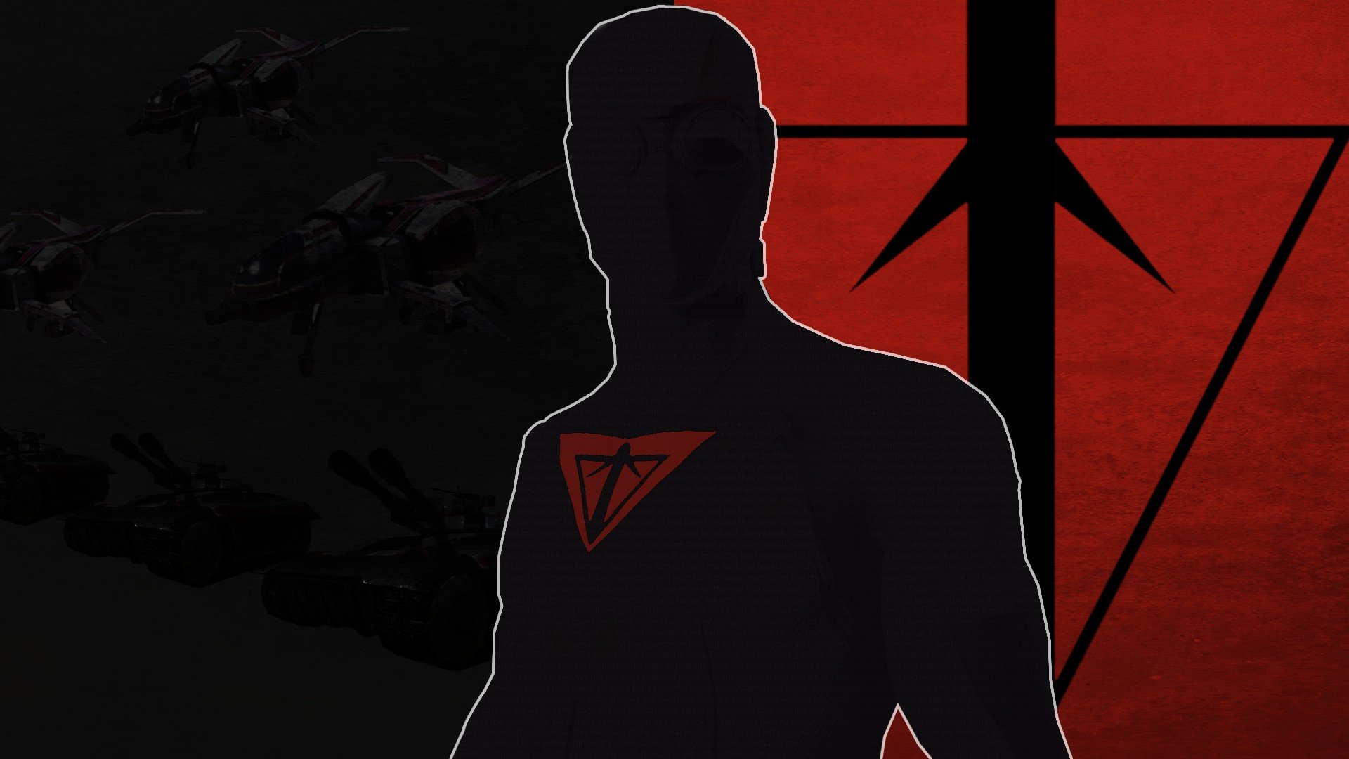 HD desktop wallpaper featuring a silhouette with Planetside insignia, aircraft in the background, and a red and black color scheme.