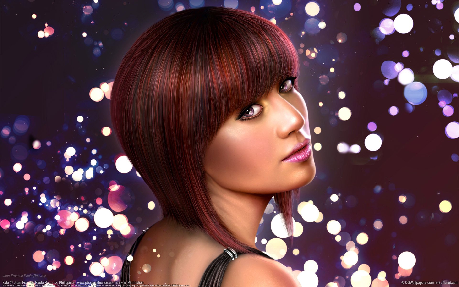 A vibrant HD desktop wallpaper featuring a woman with a chic bob haircut, set against a backdrop of colorful bokeh lights, creating an artistic and engaging visual experience.