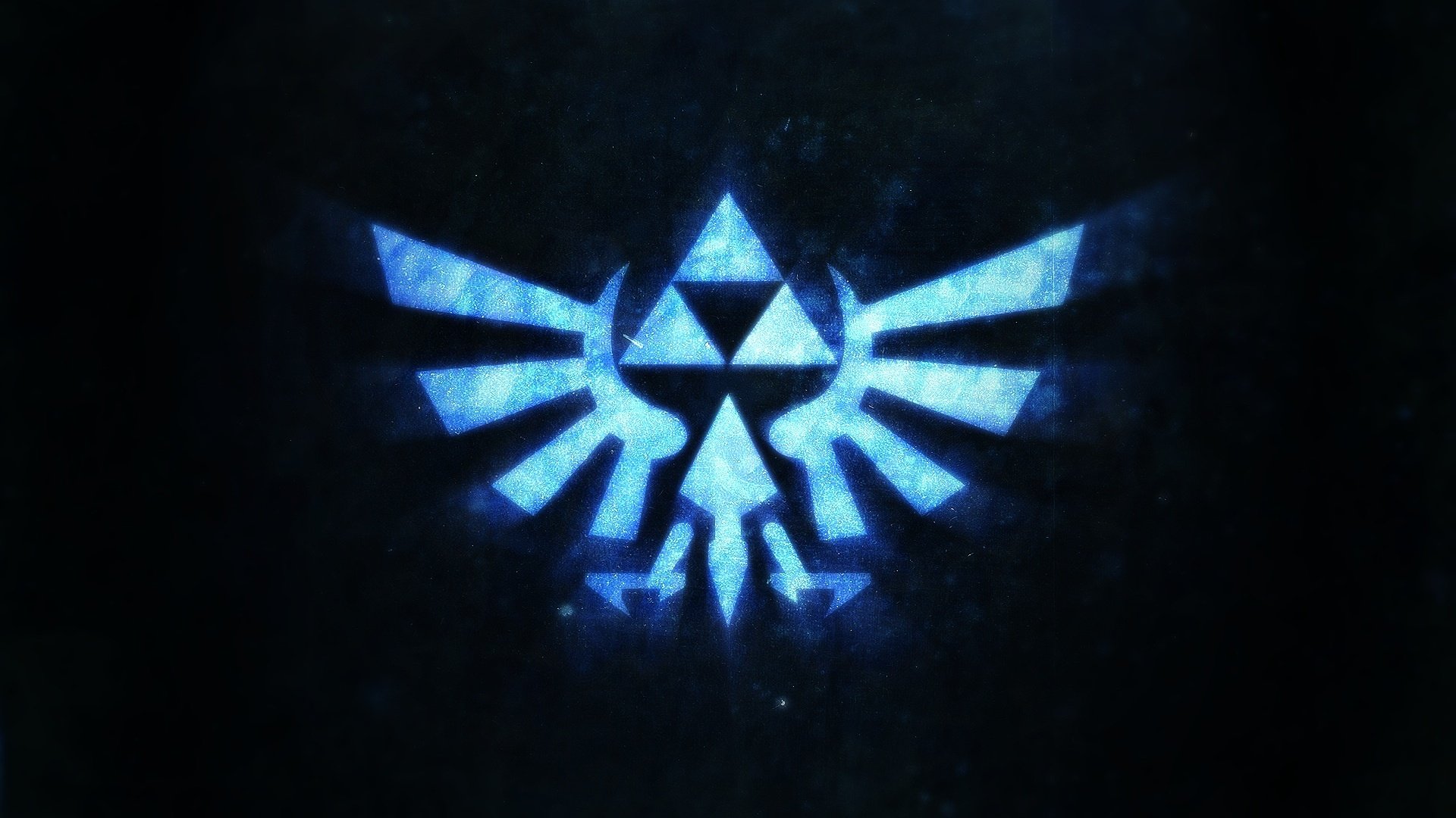HD PC desktop wallpaper featuring the glowing blue Hylian Crest symbol from the video game The Legend of Zelda.