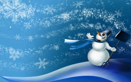 Artistic HD PC desktop wallpaper of a cheerful snowman wearing a blue scarf and hat, holding a broom, set against a snowy background with intricate snowflakes.