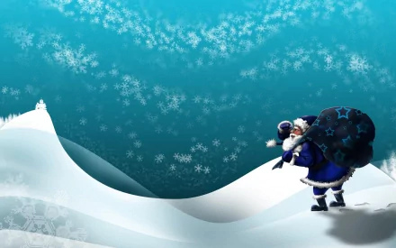 HD PC desktop wallpaper featuring Santa in a blue outfit carrying a sack, walking across snowy hills under a sky filled with snowflakes, capturing a festive Christmas holiday scene.