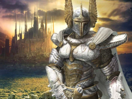 HD PC desktop wallpaper featuring a heavily armored knight from the video game Heroes of Might and Magic V, set against a dramatic sunset and medieval castle backdrop.