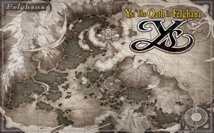 HD desktop wallpaper featuring the map of Ys: The Oath in Felghana game with elegant title logo.