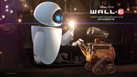 HD PC desktop wallpaper featuring Eve and Wall·E from the Disney Pixar movie Wall·E, set in a softly lit futuristic environment.