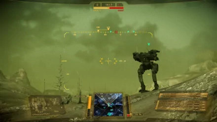 HD desktop wallpaper from MechWarrior Online featuring a battlemech on a foggy battlefield with HUD elements.