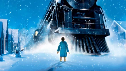 HD PC desktop wallpaper featuring a snowy scene from the movie The Polar Express with a child standing before a large, glowing steam engine train.