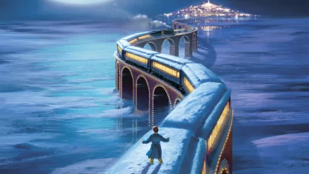 HD PC desktop wallpaper featuring a scene from the movie The Polar Express, showing a train traveling on snowy elevated tracks with a child walking alongside it.