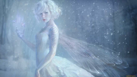 HD desktop wallpaper featuring a fantasy fairy with white-blonde hair and delicate wings, set against a dreamy, snowy background.