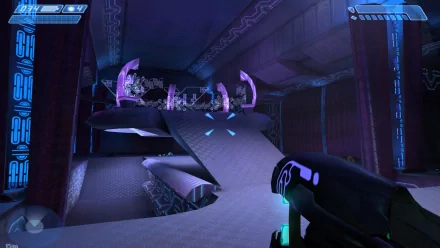 HD desktop wallpaper from Halo: Combat Evolved, featuring a first-person view of in-game action with alien architecture and weaponry.