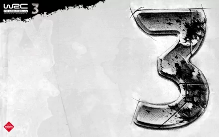 HD desktop wallpaper featuring the stylized number 3 for WRC 3 on a grungy, monochromatic background.