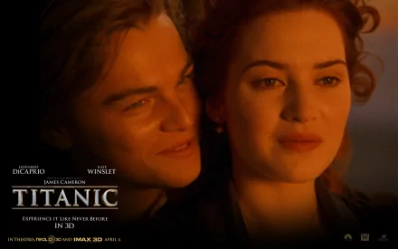HD wallpaper of Leonardo DiCaprio and Kate Winslet from the movie Titanic, showing a tender scene between their characters. The image includes movie title and credits.