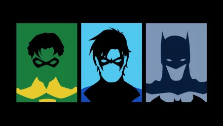 A striking HD wallpaper featuring iconic DC Comics characters: Nightwing, Robin, and Batman, showcased in bold silhouettes against vibrant backgrounds.