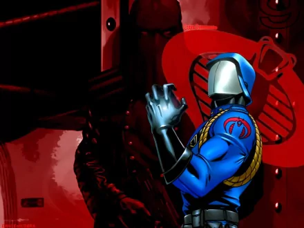 HD PC desktop wallpaper featuring Cobra Commander from the G.I. Joe comic series, striking a dynamic pose against a dark red background with the Cobra emblem.