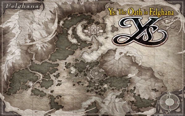 HD desktop wallpaper featuring the map of Ys: The Oath in Felghana game with elegant title logo.