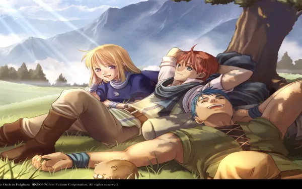 HD desktop wallpaper featuring characters from Ys: The Oath in Felghana relaxing under a tree with mountains in the background.