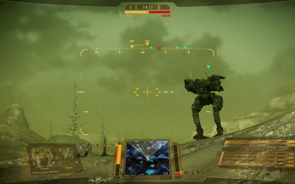 HD desktop wallpaper from MechWarrior Online featuring a battlemech on a foggy battlefield with HUD elements.