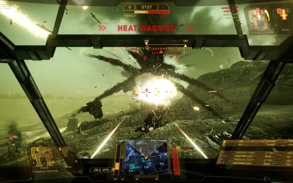 HD desktop wallpaper of MechWarrior Online featuring a mech cockpit view with explosive battle action and a heat warning alert.