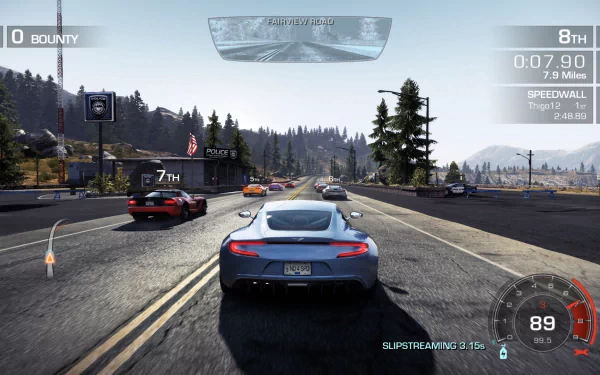 HD desktop wallpaper from Need For Speed: Hot Pursuit featuring a high-speed car chase scene.