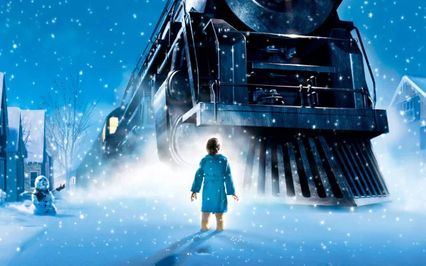 HD PC desktop wallpaper featuring a snowy scene from the movie The Polar Express with a child standing before a large, glowing steam engine train.