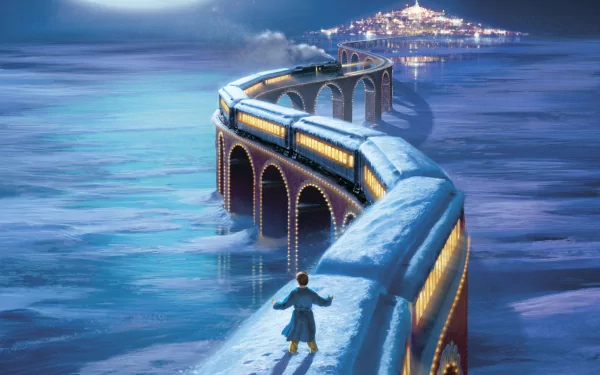 HD PC desktop wallpaper featuring a scene from the movie The Polar Express, showing a train traveling on snowy elevated tracks with a child walking alongside it.