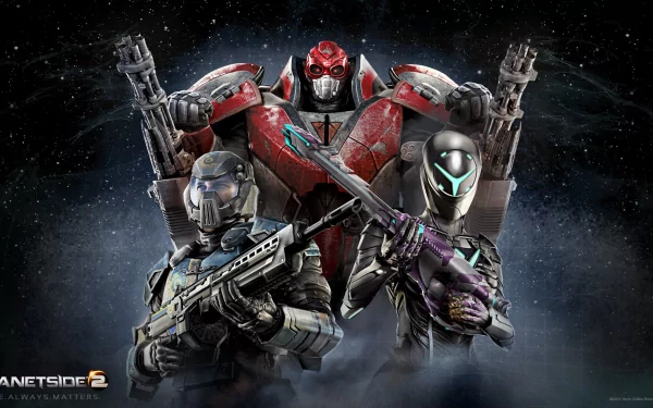 A dynamic HD wallpaper featuring characters from the video game Planetside 2, showcasing armored soldiers with futuristic weapons against a cosmic backdrop.
