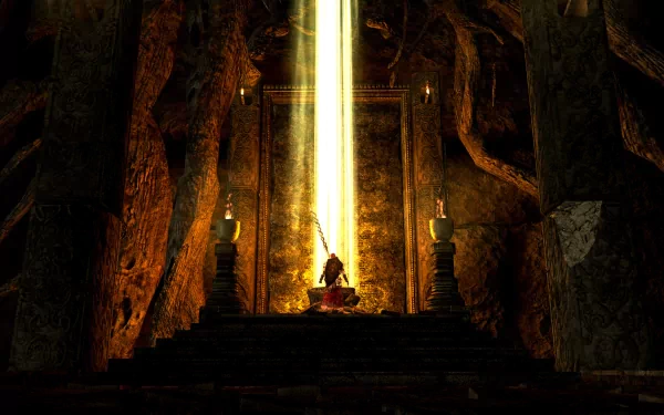 HD Dark Souls desktop wallpaper depicting a solitary figure in a dimly lit cavernous temple with sunlight streaming from above.
