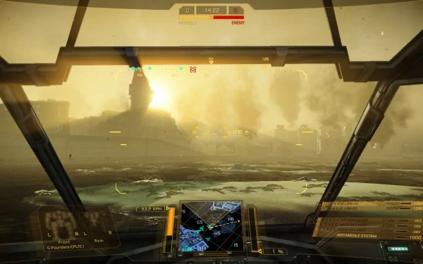 HD Desktop wallpaper of MechWarrior Online featuring a cockpit view with HUD elements and a sunset-lit battlefield in the background.