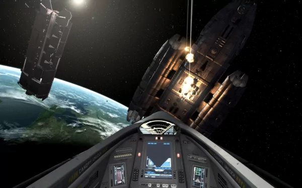 HD wallpaper featuring a spaceship cockpit view with Earth and satellites, tagged with 'diaspora'.
