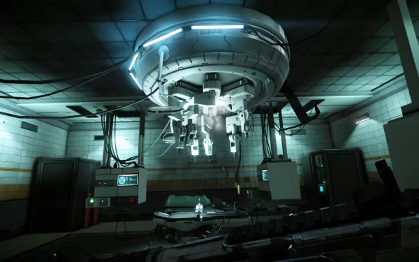 HD wallpaper featuring a high-tech lab from the game Crysis 2, with advanced equipment and a moody atmosphere.