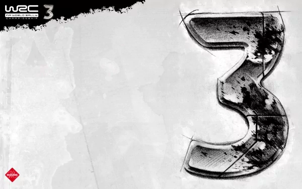 HD desktop wallpaper featuring the stylized number 3 for WRC 3 on a grungy, monochromatic background.