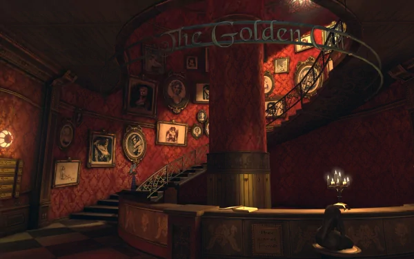 HD desktop wallpaper depicting an interior scene from the game Dishonored, featuring The Golden Cat establishment's lavish staircase and décor.