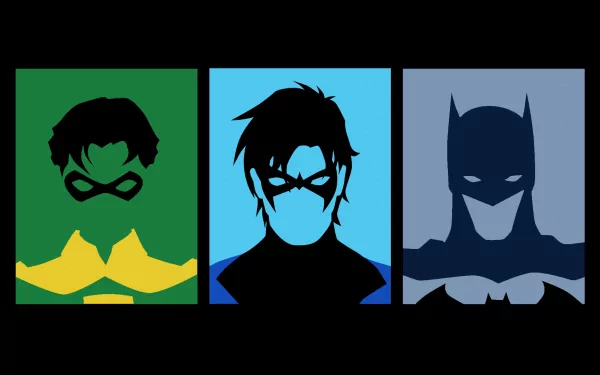 A striking HD wallpaper featuring iconic DC Comics characters: Nightwing, Robin, and Batman, showcased in bold silhouettes against vibrant backgrounds.