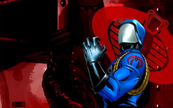 HD PC desktop wallpaper featuring Cobra Commander from the G.I. Joe comic series, striking a dynamic pose against a dark red background with the Cobra emblem.