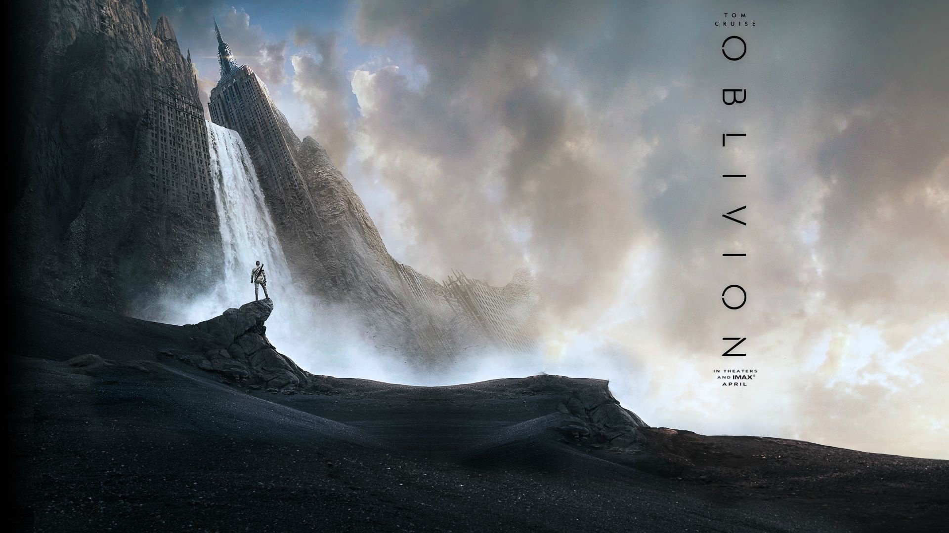 HD PC desktop wallpaper featuring a dramatic scene from the movie Oblivion (2013) with a lone figure standing near a towering waterfall under a cloudy sky.