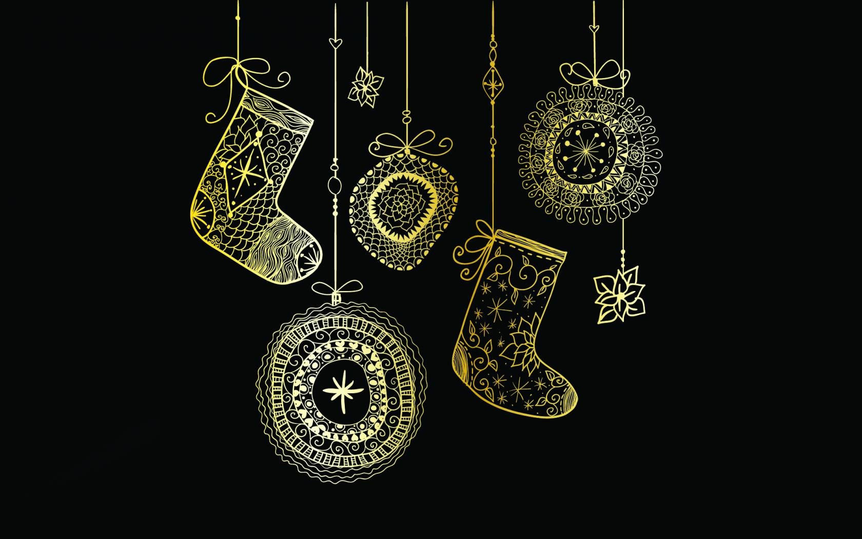 A festive HD wallpaper featuring intricately designed Christmas stockings and ornaments hanging against a dark background, capturing the spirit of the holiday season.