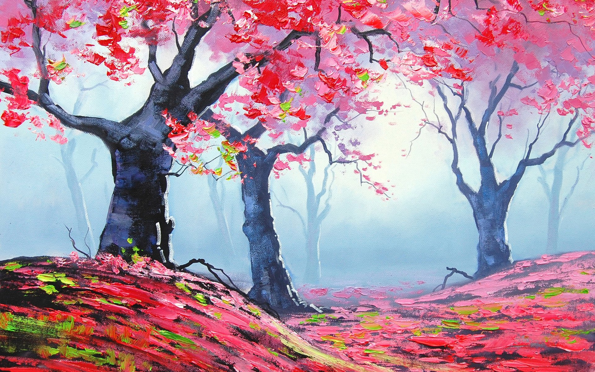 Artistic HD landscape wallpaper depicting vibrant pink-leaved trees on rolling hills under a misty sky, blending vivid colors with a serene, dreamy atmosphere.