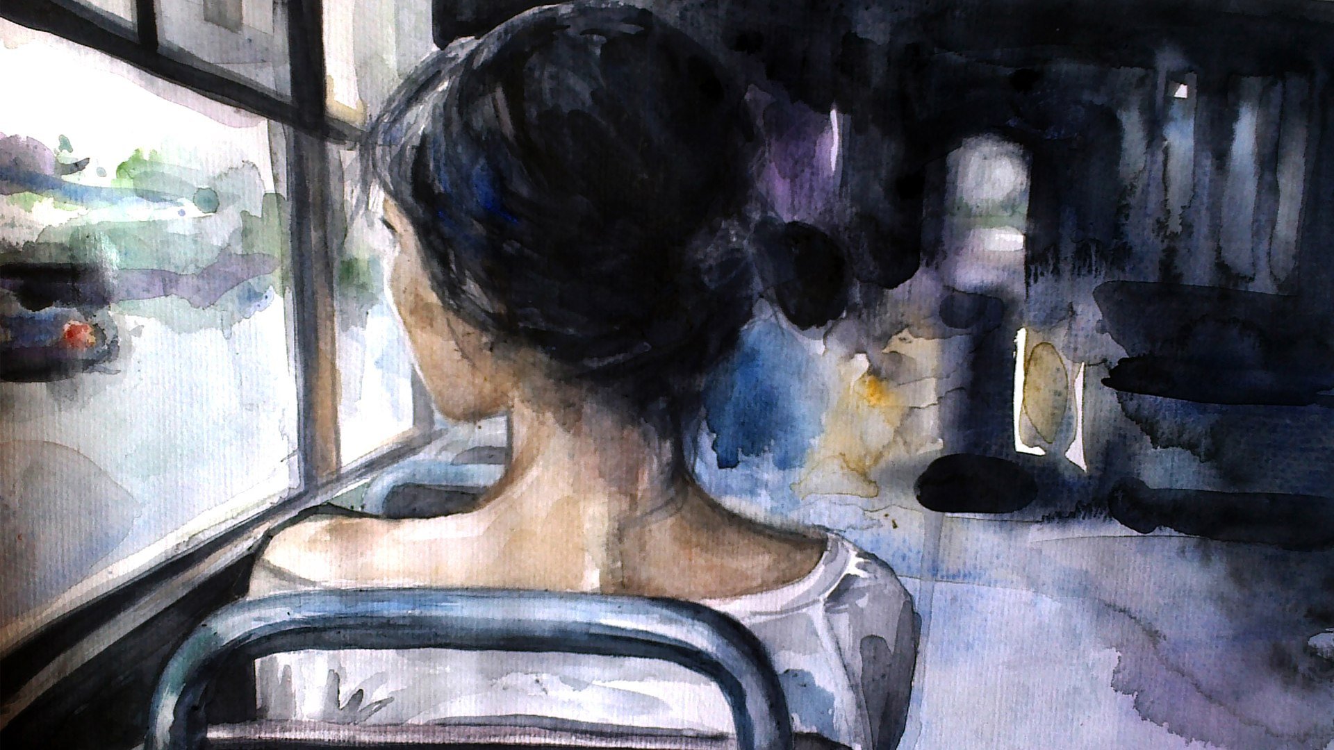 An artistic painting depicting the back of a woman sitting on a bus, gazing out the window. This HD desktop wallpaper captures a serene moment in muted colors.